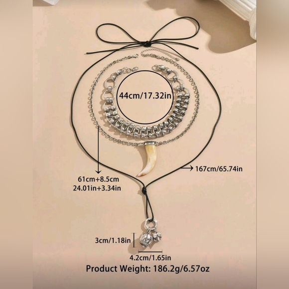 NWT Multilayer Stacked Link Choker Animal Horn & Leather Pendant Silver Necklace - Picture 14 of 15